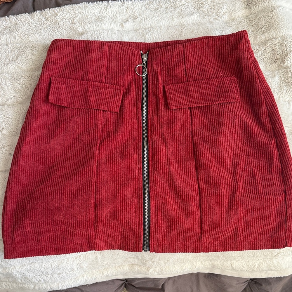 SHEIN Red Corduroy Zip-Front Mini Skirt